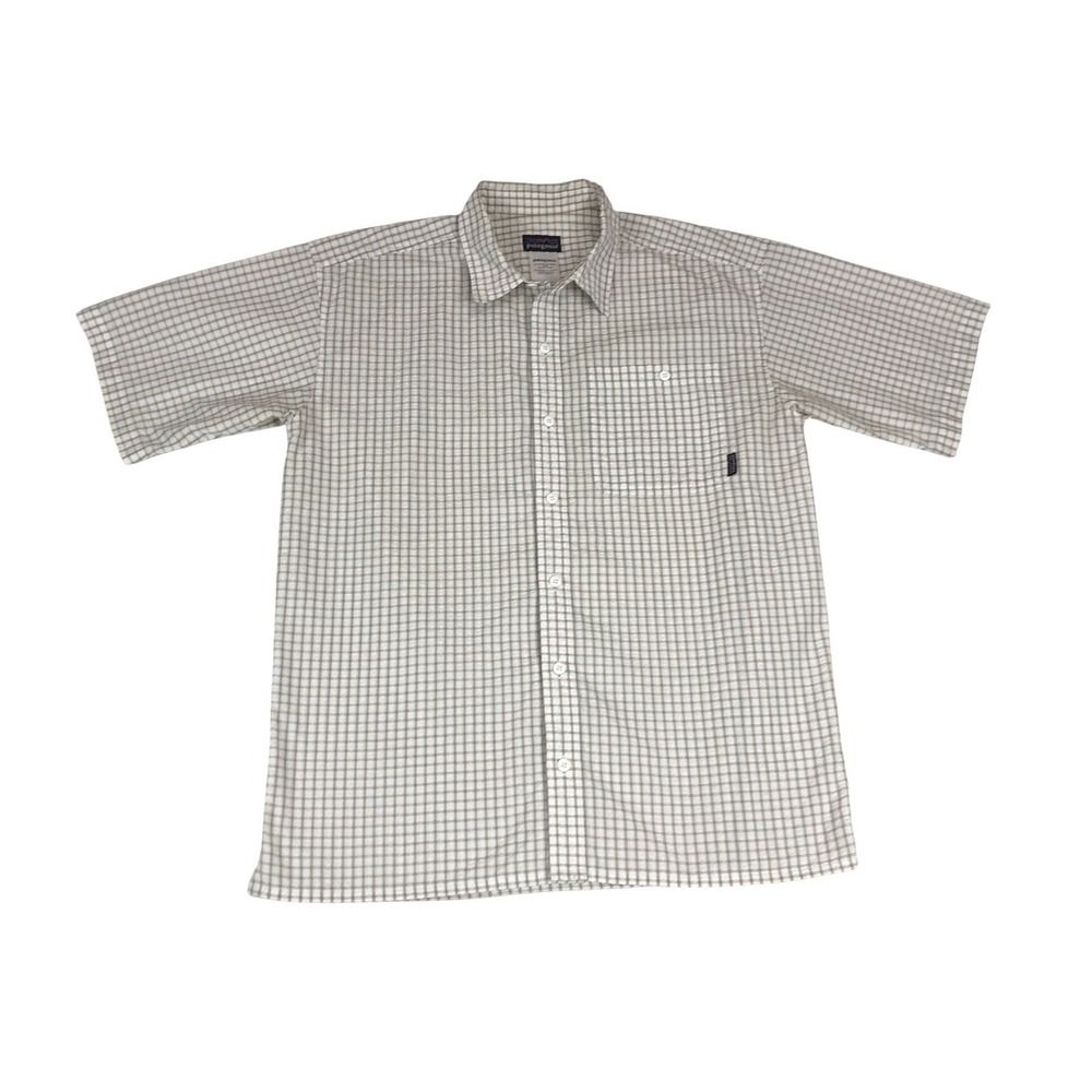 Patagonia Mens Short Sleeve Organic Grid Check Seersucker Shirt Tan White Medium